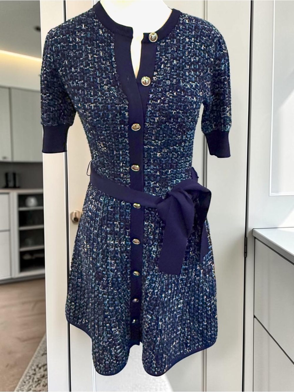 NWT Shoshanna Blue Tweed Knit Gold Button Belted Mini Dress Size Small